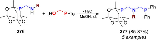 Scheme 158. 2C-Phospha-Mannich reaction of Ph2PCH2OH with P,NH-acetals. Products, yields, 31P NMR shifts, and related references, are listed in Table S42.