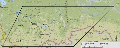 Figure 1. Overview figure with outlines of the two MODIS tiles (thick lines) and the Landsat images (thin line).