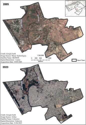 7 Situation of development in Ghauri Town in 2005 and 2023 (Google Earth downloaded images, further processed in GIS Software)