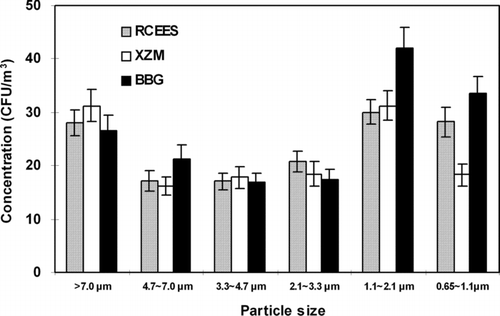 FIG. 7 Concentration and size distribution of airborne actinomycete at three sampling sites in Beijing, China; June 2003–May 2004.