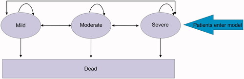 Figure 1. Model structure. The Markov model consists of three health states: mild, moderate and severe anemia, defined by hemoglobin levels. Patients can move between the health states, stay in the same health state or move to the dead state at each cycle. The patients entering the model are APC refractory chronic GAVE patients symptomatic of iron-deficiency anemia; diagnosed with chronic severe iron-deficient anemia for a duration of less than one year but over three months.