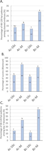 Figure 8. Performance of main success patterns (4c–16c, 4c–M, 8c–16c and 8c–M). (A) Graph shows the percentage of each pattern among cleaved embryos. (B) Graph shows percentage of blastocyst formation for each pattern. (C) Graph shows percentage of each pattern among day 7 blastocysts. (A, B, C) Different letters indicate statistical difference. N = 56 4c–16c, 71 4c–M, 50 8c–16c, 121 8c–M; 118 embryos (28%) displayed other patterns and are not presented in the graph.
