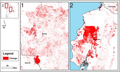 Figure 11. Spatial patterns of land cover in South America and the changes within 2000–2010 are represented in red colour (colour online only).