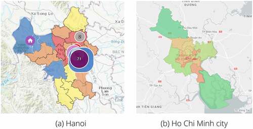Figure 4. A demonstration of the marking of the green zone areas in Hanoi (a) and Ho Chi Minh city (b). (a) In Hanoi, the green zones are designated as ‘blue’ (0 cases of COVID-19). Yellow indicates 1–5 cases of COVID-19; Orange indicates 6–20 cases, and red shows more than 20 cases. The figure was taken from (https://covidmaps.hanoi.gov.vn/?page=home), data was shown as of 3 September 2021. (b) Ho Chi Minh city uses green, Orange, and red color indicators. There is also an appearance of the ‘nearly green zone,’ which are areas with very few cases of COVID-19. The figure was taken from (https://bando.tphcm.gov.vn/), data was recorded as of 3 September 2021.