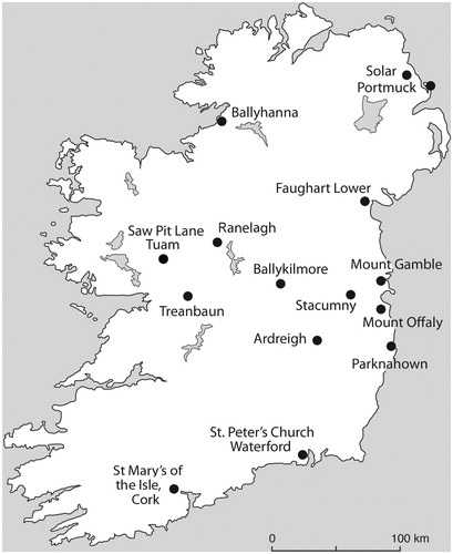 Figure 1. Map showing the location of the sites which contained the remains of one or more maternal-infant deaths (prepared by Libby Mulqueeny).