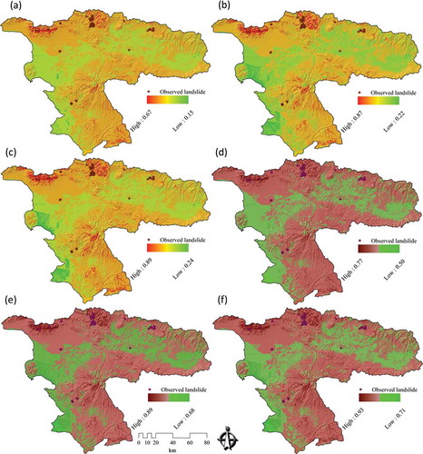 Figure 7. Uncertainty assessment (UA) for results of landslide susceptibility maps (LSM) of ‘conventional’ and ‘novel’ approaches: (a) UA results of the belief function for LSM derived from WLC, (b) UA results of the belief function for LSM based on the AHP method, (c) UA results of the belief function for LSM of the OWA method, (d) UA results of the belief function for LSM based on the MCS-WLC method, (e) UA results of the belief function for LSM of the MCS-AHP method, and (f) UA results of the belief function for LSM of the MCS-OWA method.