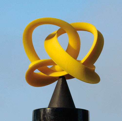 Figure 5. Carlo H. Séquin (http://www.cs.berkeley.edu/~sequin/), Knot 5.2, 2009. Yellow ANS plastic (FDM), 5″ × 5″ × 3″. See insert for colour version of this figure.