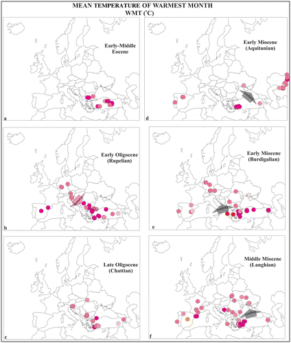 Figure 7. Mean annual warmest month in Europe and Anatolia: (a) Eocene, (b) Rupelian, (c) Chattian, (d) Aquitanian, (e) Burdigalian and (f) Langhian and legend of Figure 9.