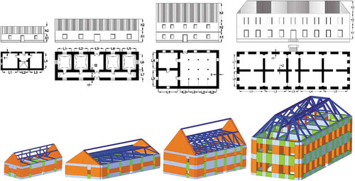 Figure 5. Historical building archetypes modelled in Tremuri, typologies A0 and A1 (on the left), A2, A3, A4 & A5 (on the center left), A6 (on the center right) and A7 (on the right)