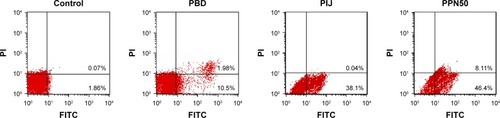 Figure 6 Cell apoptosis of PBD, PIJ, and PPN50 (n=3).Abbreviations: PBD, paclitaxel bulk drug; PIJ, paclitaxel injections; PPN, pure paclitaxel nanoparticles; FITC, fluorescein isothiocyanate; PI, propidium iodide.
