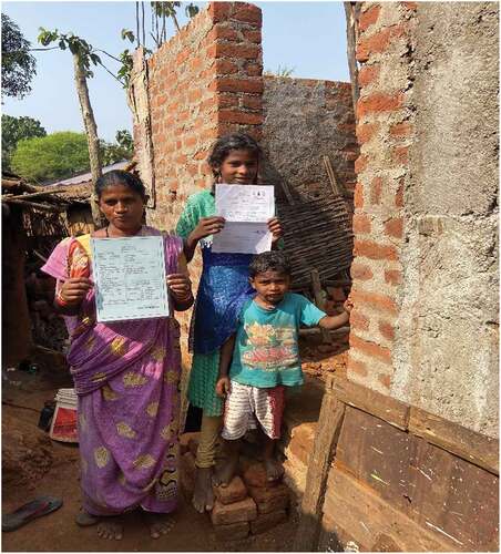 Figure 4. Beneficiaries with the LRCs in front of their house being built with PMAY subsidy, after receipt of LRCs, Kalahandi.