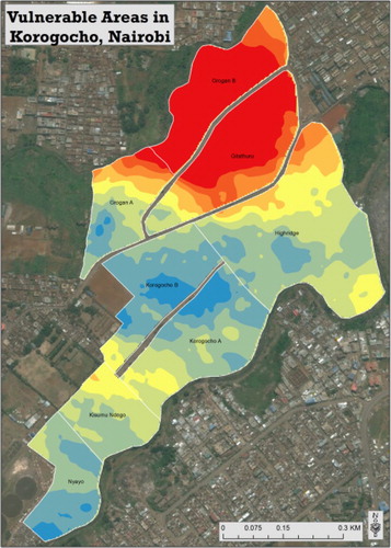 Figure 2. Hotspot map of vulnerable areas in Korogocho, Nairobi Source: Concern Worldwide (Citation2015).