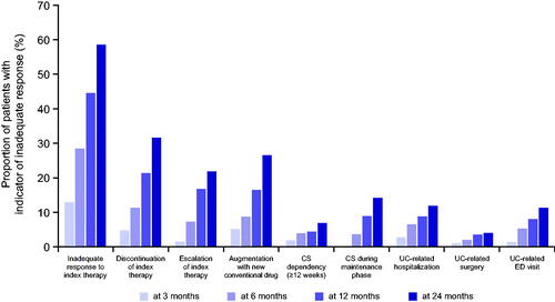 Figure 2. Inadequate response to index therapy by indicator measured at 3, 6, 12, and 24 months. Abbreviations. CS, corticosteroid; ED, emergency department; UC, ulcerative colitis.