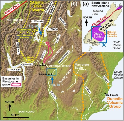 Figure 1. Locations of key features mentioned in this study. (a) The Otago Schist belt in the South Island of New Zealand. (b) DEM image of Otago Schist and adjacent areas showing the general distributional areas of Alpine Dike Swarm (ADS) and Dunedin Volcanic Group (DVG). The Upper Clutha and Galloway areas of this study occur in the intervening valleys.