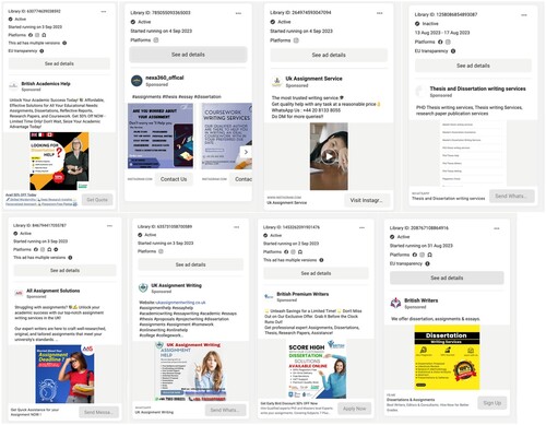 Figure 13. A wide array of adverts from the Meta Ad Library advertising ‘classic’ essay mills.