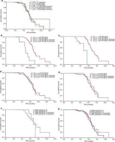 Figure 3 mPFSs of the corresponding CSN-38 1.5h and CSN-38 49h subgroups in *1/*28-*1/*1 and *1/*1-*1/*6 genotype and mPFS of DPD activities between >4.13 and ≤4.13 subsets in CSN-38 49h >14.34 ng/mL and ≤14.34 ng/mL subgroups, respectively, accordingly.Notes: No statistical difference was observed about the mPFS among *1/*28-*1/*1,*1/*1-*1/*6, and *1/*28-*1/*6 genotypes (A) (6.73±0.13 months vs 6.73±0.18 months vs 6.80±0.32 months, χ2=1.11, P=0.57), but differences were displayed clearly between the mPFS of CSN-38 1.5h>51.82 ng/mL and that of ≤51.82 ng/mL subgroup in *1/*28-*1/*1 (B) and *1/*1-*1/*6 genotypes (C) (6.83±0.17 vs 4.87±0.13 months, P<0.001; 6.93±0.34 vs 5.63±0.31 months, P<0.001), which were divided by the adjusted predictive values and stand errors of CSN-38 1.5h, while the mPFS did not differ between CSN-38 49h>14.34 ng/mL and ≤14.34 ng/mL subgroups grouped by the same way in *1/*28-*1/*1 (D) and *1/*1-*1/*6 genotypes (E) (6.83±0.48 vs 6.63±0.13 months, P=0.80; 7.27±0.35 vs 6.70±0.21 months, P=0.59). The mPFS of DPD activities >4.13 and ≤4.13 subset divided based on the adjusted predictive values and stand errors did not differ obviously in CSN-38 49h>14.34 ng/mL and ≤14.34 ng/mL subgroups of *1/*28-*1/*1 (F) and *1/*1-*1/*6 genotypes (G) (6.83±0.33 vs 7.27±0.53 months, χ2=0.04, P=0.85; 6.60±0.12 vs 6.73±0.22 months, χ2=0.07, P=0.79).Abbreviations: CPT-11, irinotecan; CSN-38 1.5h, plasma SN-38 level 1.5 hours after CPT-11 administration; CSN-38 49h, plasma SN-38 level 49 hours after CPT-11 administration; DPD, dihydropyrimidine dehydrogenase; mPFS, median PFS; PFS, progression-free survival.