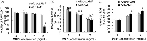 Figure 5. Effects of MNP/AMF hyperthermia on the viability, bactericidal activity, and ROS generation of RAW 264.7 macrophages. (A) The viability of RAW 264.7 macrophages for varying concentrations of MNPs (0–3 mg/mL) in the absence or presence of AMF application at the intensity of 30 kA/m, assessed by MTT viability assay. N = 4 per group. (B) The effect of varying concentrations of MNPs (0–2 mg/mL) on the bactericidal activity of RAW 264.7 cells in the absence and presence of AMF application (30 kA/m), assessed by antibiotic protection assay. N = 10–15 per group. (C) The effect of varying concentrations of MNPs (0–2 mg/mL) on the ROS generation in RAW 264.7 cells in the absence and presence of AMF application (30 kA/m). N = 4–6 per group. N.S: Not Significant (p > .05). *p < .05 vs untreated control (without MNP/AMF). #p < .05 vs without AMF group at a given MNP concentration.