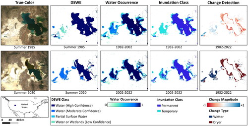 Figure 13. Surface water dynamic maps and change results of Great Salt Lake.