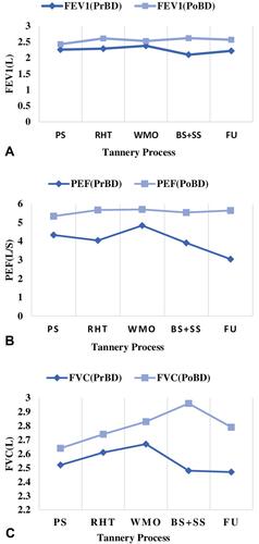 Figure 1 Process-based comparison of average pulmonary function in tannery workers. (A) PrBD and PoBD forced expiratory volume in one second (FEV1); (B) PrBD and PoBD peak expiratory flow (PEF); (C) PrBD and PoBD forced vital capacity (FVC).