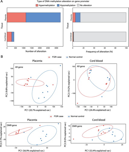 Figure 1. Epigenetic alteration in placentae and cord blood of FGR samples. (A) The number (left) and frequency (right) of hypermethylated and hypomethylated genes that had differentially methylated regions on the relevant promoters. (B) Principle component analysis (PCA) with DNA methylation variables were performed for all gene promotersfound in placentae (top left) and cord blood (top right). PCA was also performed for genes with differentially methylated region (DMRs) on their promoters found in placentae (bottom left) and cord blood (bottom left).