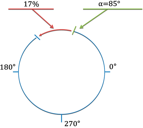 Figure 2. Open border with one open segment defined using two parameters: a starting angle α, and the ratio of the segment length to the circle perimeter. For a given calculation, the same parameters were used both for the inner and outer border of Dirichlet's domain.
