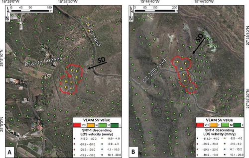 Figure 12. Selected case studies within the VEAM database for the Emergency phase scenario. (A) VEAM-selected ADA near Valle de San Lorenzo, southern part of the Tenerife Island. (B) VEAM-selected ADA along the GC-200 road near the Tasarte town in the south-eastern sector of the Gran Canaria Island. The black arrows indicate the slope direction (SD).
