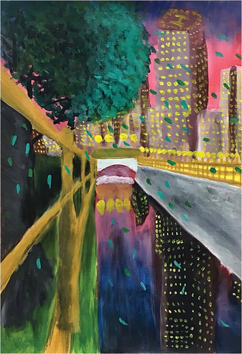 Figure 6b Student J. Dream city. (2018). Acrylic on paper, 42 × 59.4 cm.