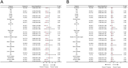 Figure 2. Subgroup analysis of the T + A group versus the T group for progression-free survival (A) and overall survival (B) based on baseline characteristics.