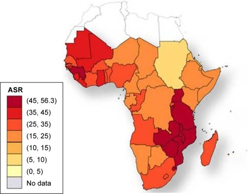 Figure 2 Cervical cancer age-standardized incidence rates per 100,000 women in 2008.