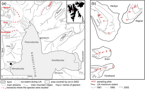 Fig. 1 (a) Map of studied area of Petuniabukta. The studied glacier forelands are marked with dashed lines. The inset shows the location of northern Billefjorden on the island of Spitsbergen. (b) The glacier forelands involved in the study with reconstructed positions of glacier foreheads since the Little Ice Age (LIA) maximum (based on Rachlewicz et al. 2007). The red circles depict positions of the study sites.