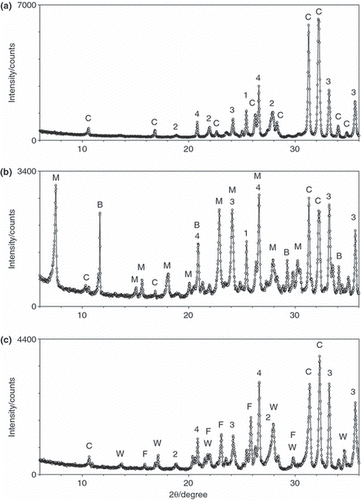 Figure 1 Sections of the X-ray diffraction patterns of sewage sludge ashes (SSA) (a) SSA-Ca-1 (0% PA), (b) SSA-Ca-4 (50% PA) and (c) SSA-Mg-1 (0% phosphoric acid [PA]). B, brushite; C, chlorapatite; F, farringtonite; M, monocalcium phosphate monohydrate; W, whitlockite; 1, anhydrite; 2, anorthite; 3, hematite; 4, quartz.