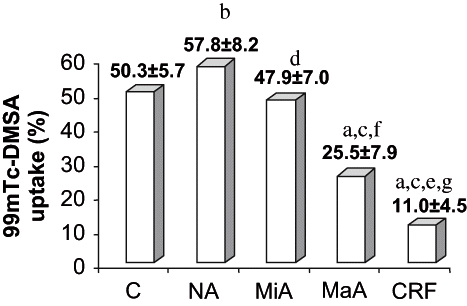 Figure 1. 99mTc-DMSA renal uptake values in type 1 diabetes mellitus patients. vs. control: ap < 0.00001, bp < 0.02; vs. NA: cp < 0.00001, dp < 0.01; vs. MiA: ep < 0.00001, fp < 0.0005; vs. MaA: gp < 0.001.