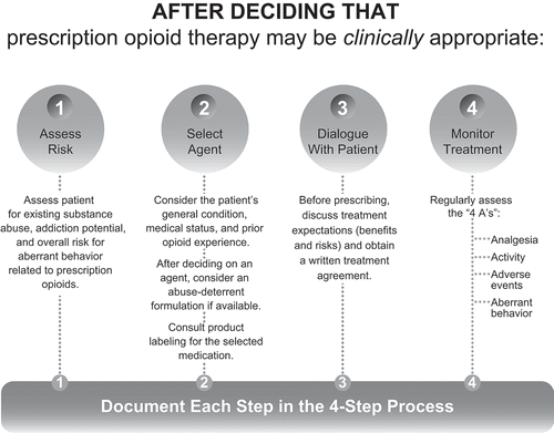 Figure 3. A 4-step approach to universal precautions for opioid prescribing in patients with chronic pain.Universal precautions in opioid prescribing for chronic pain are recommended. Used with permission from www.rethinkopioids.com[Citation72] Copyright ©2014 Pfizer Inc.