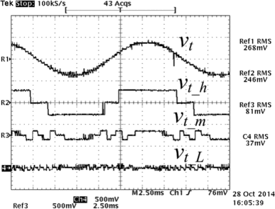 Figure 23. The BBS terminal voltage (vt) and the cell output voltages (vt_h, vt_m and vt_L) (R1, R2, R3, Ch4: 500 mV/250 V).