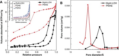 Figure 5 Adsorption-desorption isotherms (A) and Barret-Joyner-Halenda pore size distributions (B) for Mg/Al-LDH and its nanocomposite with perindopril erbumine, PMAE. Inset in (A) shows the adsorption-desorption isotherms for PZAE, PZAC, and ZnAl-LDH.Citation21Abbreviations: Mg, magnesium; Al, aluminum; LDH, layered double hydroxide; PMAE, perindopril intercalated into Mg/Al by ion-exchange; PZAE, perindopril intercalated into Zn/Al by ion-exchange; PZAC, perindopril intercalated into Zn/Al by coprecipitation method; Zn, zinc; STP, standard temperature pressure.