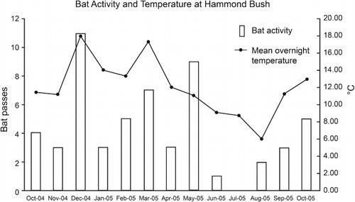 Figure 2 Number of bat passes recorded at Hammond Bush each month between October 2004 and October 2005 and each survey night's mean overnight temperature.