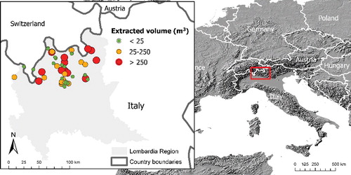 Figure 1. Distribution of the 45 helicopter logging operations in the Italian Central Alps within the Regione Lombardia from 2011 to 2012.