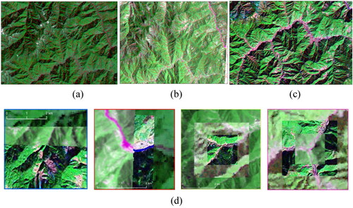 Figure 8. The corrected (a) TM, (b) HJ and (c) ETM images overlaid with DEM TFLs and the disjoint ground objects were matched together of the three corrected images, as shown in (d) sub-maps.