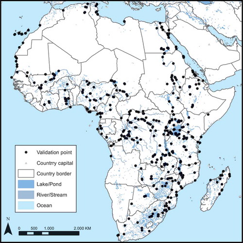 Figure 2. Distribution of 500 points randomly drawn in the potential water extent over Africa to assess the maximum extent water body map commission error.