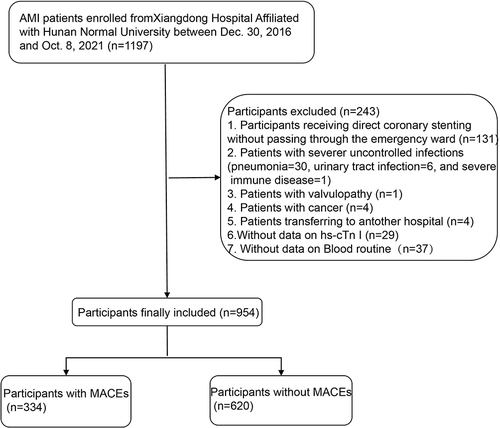 Figure 1 Participant screening process employed in this study. 1197 patients were diagnosed with acute myocardial infarction on admission. 243 patients were excluded. A total of 954 patients were screened and divided into 2 groups based on the occurrence of MACEs: the MACEs group (n=334) and the no MACEs group (n=620).