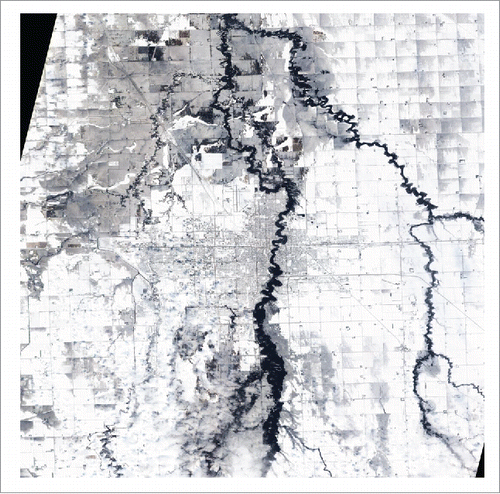 Figure 7. 2009 Red River of the North flood waters throughout surrounding Fargo, North Dakota. Source: By Jesse Allen, using EO-1 ALI data provided courtesy of the NASA EO-1 Team - http://earthobservatory.nasa.gov/IOTD/view.php?id=37702, Public Domain, https://commons.wikimedia.org/w/index.php?curid=6397042.