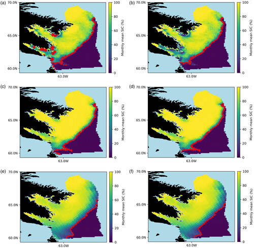 Figure 3. An example of how the DBSCAN clustering method works for the ASI, NT2, and BT algorithms for the sea ice edge of December 2013 before clustering (panel a, c, e) and after clustering (panel b, d, e). The regions without data are shown in light blue, while the lands are black.