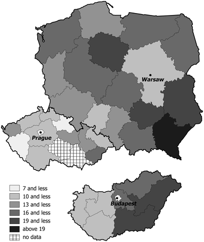 Figure 8. Regional variation in the shares of households who were energy poor according to the LIHC indicator. Source: Authors’ own analysis of 2012 Czech, 2012 Polish and 2011 Hungarian HBS data.