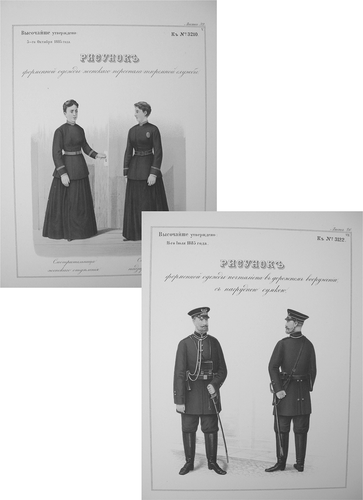 FIGURE 3 Top: Uniforms for Female Prison Guards, § 3210, Oct. 5, 1885 (PSZ Folder 1885 I, 19). Bottom: Travel Uniforms for Postmen, §3,122 plate 7, July 11, 1885 (PSZ Folder 1885 I, 13). Chromolithographs, Courtesy of Historical & Special Collections, Harvard Law School Library. Rpt. in PSZ.