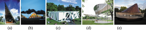 Figure 4. Serpentine Pavilions as an imagery reproduction (a) Libeskind (2001); (b) Zaha Hadid (2000); (c) Toyo Ito (2002); (d) SANAA (2009); (e) Eliason & Thorsen (2007).