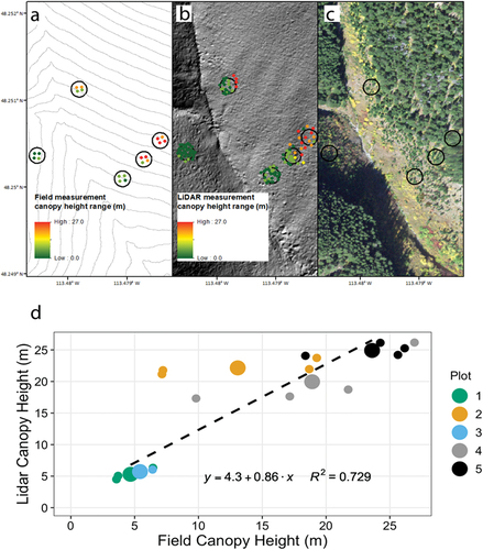 Figure 3. Example canopy height measurements from Shed 7. (a) In situ height measurements (m) of the four tallest trees in each field plot (open black circles). Contour lines represent 10-m elevation intervals. (b) Field plots with lidar measurements (m) for each plot. Note that samples outside the plots were considered in the validation procedure because their canopy extended over the plot area. (c) Field plots with the spectral imagery. (d) Relationship of measured mean height within each field plot (x-axis) against the lidar canopy height (y-axis). Colors represent the five field plots, and the larger dots symbolize the mean height for each plot. The dashed line is the linear regression line of all points (not including the mean values for each plot).