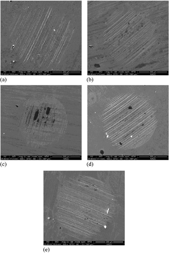 Figure 6. Optical micrographs of the typical wear scars on the bottom balls lubricated by the sample oil: (a) base oil; (b) 1%, 90 nm WS2; (c) 1%, 90 nm WS2 and ionic liquid; (d) 0.5% 2 µm WS2 and ionic liquid; (e) 2% 2 µm WS2.