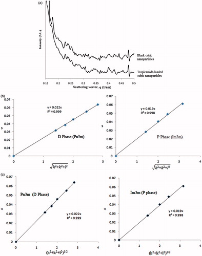 Figure 4. SAXS results for tropicamide-loaded cubic nanoformulation. (a) Overlay showing scattering curve of cubic nanoparticles and tropicamide-loaded cubic nanoparticles. (b) Data fitting graphs of blank cubic nanoparticles. (c) Data fitting graphs of tropicamide-loaded cubic nanoparticles.