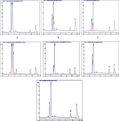 Figure 5 HPLC chromatographs of brucine in each tissue sample after administration.Notes: A, Liver; B, Spleen; C, Kidney; D, Heart; E, Brain; F, Lung; G, Muscle; B, Brucine; S, Internal Standard: Strychnine.