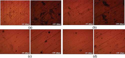 Figure 4. Optical images of untreated steels after corrosion test in 0.05 M H2SO4/3.5% NaCl (a) S409, (b) S430, (c) S316 and (d) S444